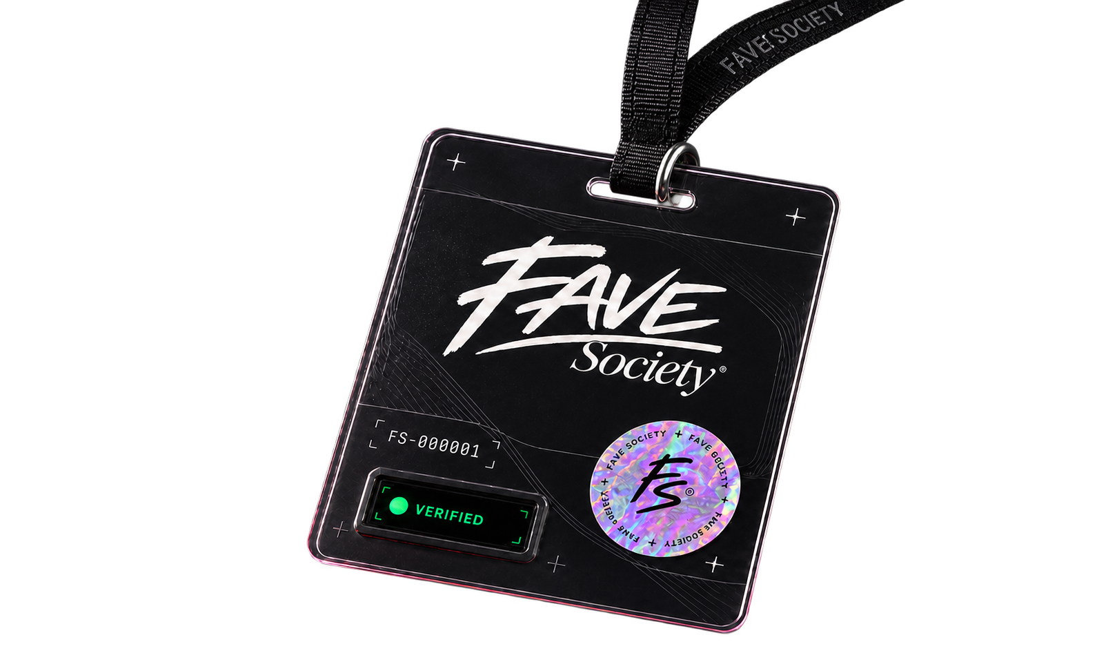 Clear FAVE Society Talent Pass hanging from a subtle black lanyard, with holographic authenticity sticker and verified status