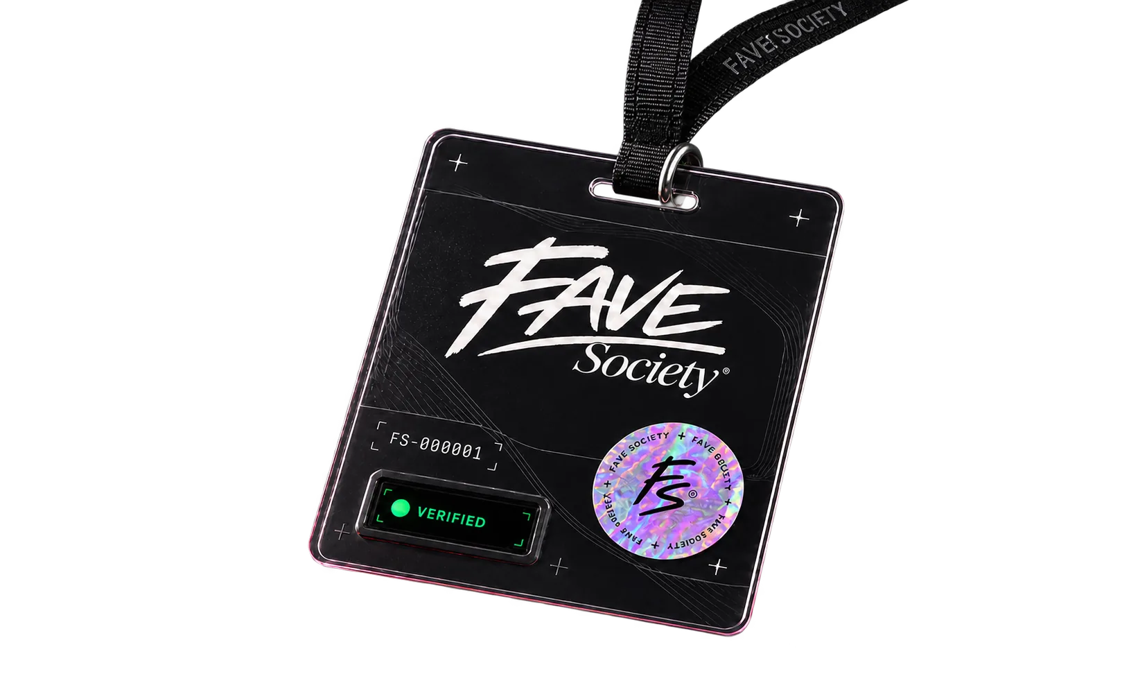 Clear FAVE Society Talent Pass hanging from a subtle black lanyard, with holographic authenticity sticker and verified status
